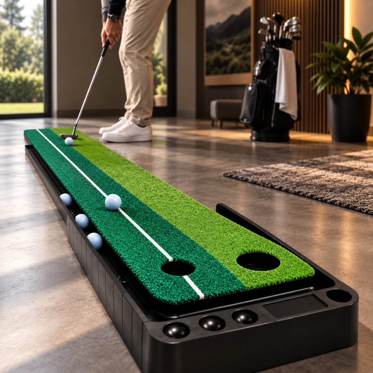 Golfer practicing putting at home with a Dual-Speed Putting Green